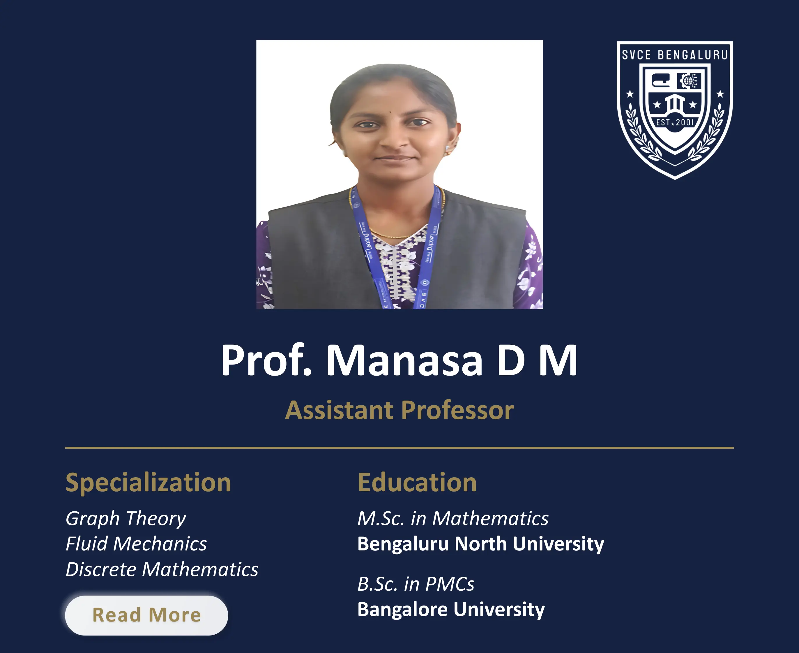Ms. Manasa D M - Assistant Professor